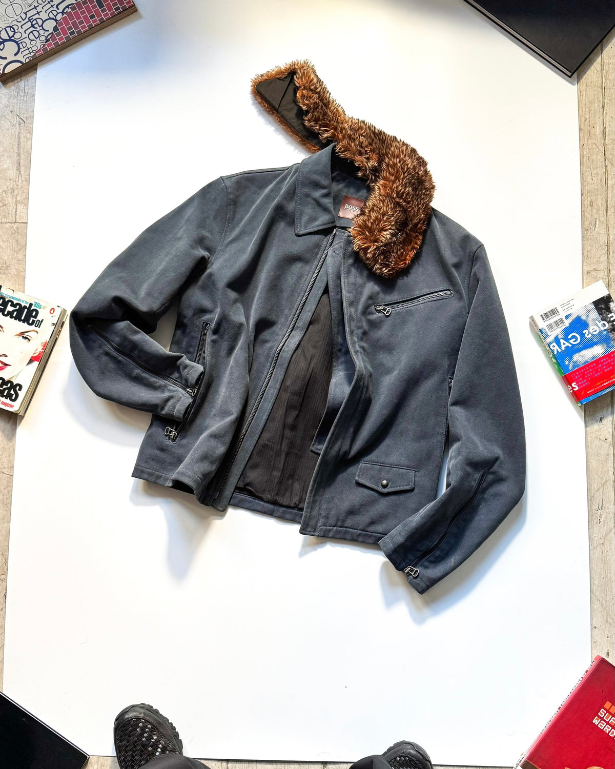 2000s Cold Grey Moleskine Asymmetrical Detachable Fleece Collar Moto Jacket (~M~)