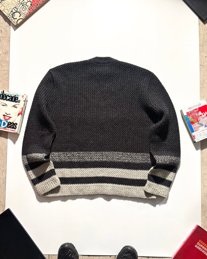 Armani  Early 2000s Grey Striped Zip Up Knit Jumper (XL ~ XXL )