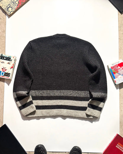 Armani  Early 2000s Grey Striped Zip Up Knit Jumper (XL ~ XXL )