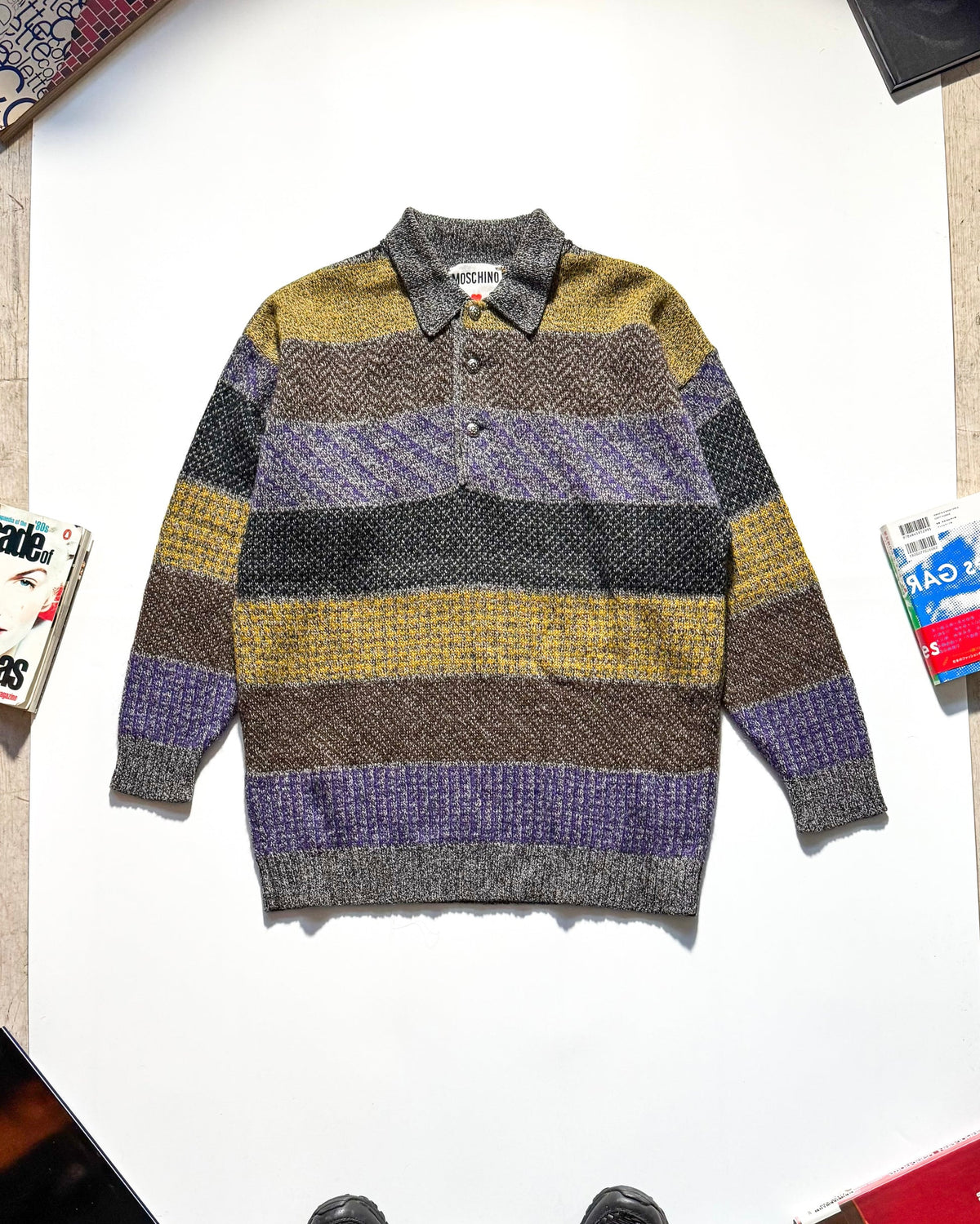 80s Multi Pattern Stripe Collared Button Up Knit Jumper (M~L)