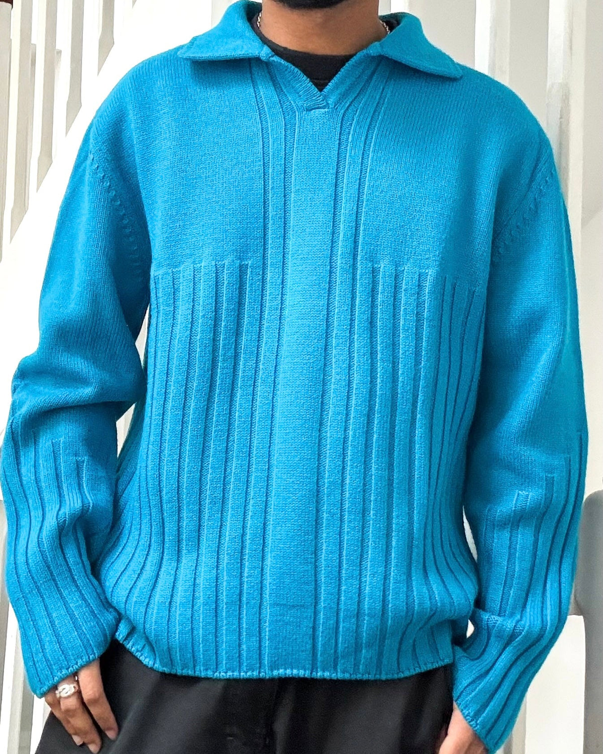 Early 2000s Vivid Blue Collared Chunky Ribbed Knit Jumper (~L~)