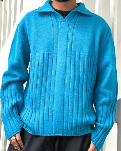 Early 2000s Vivid Blue Collared Chunky Ribbed Knit Jumper (~L~)