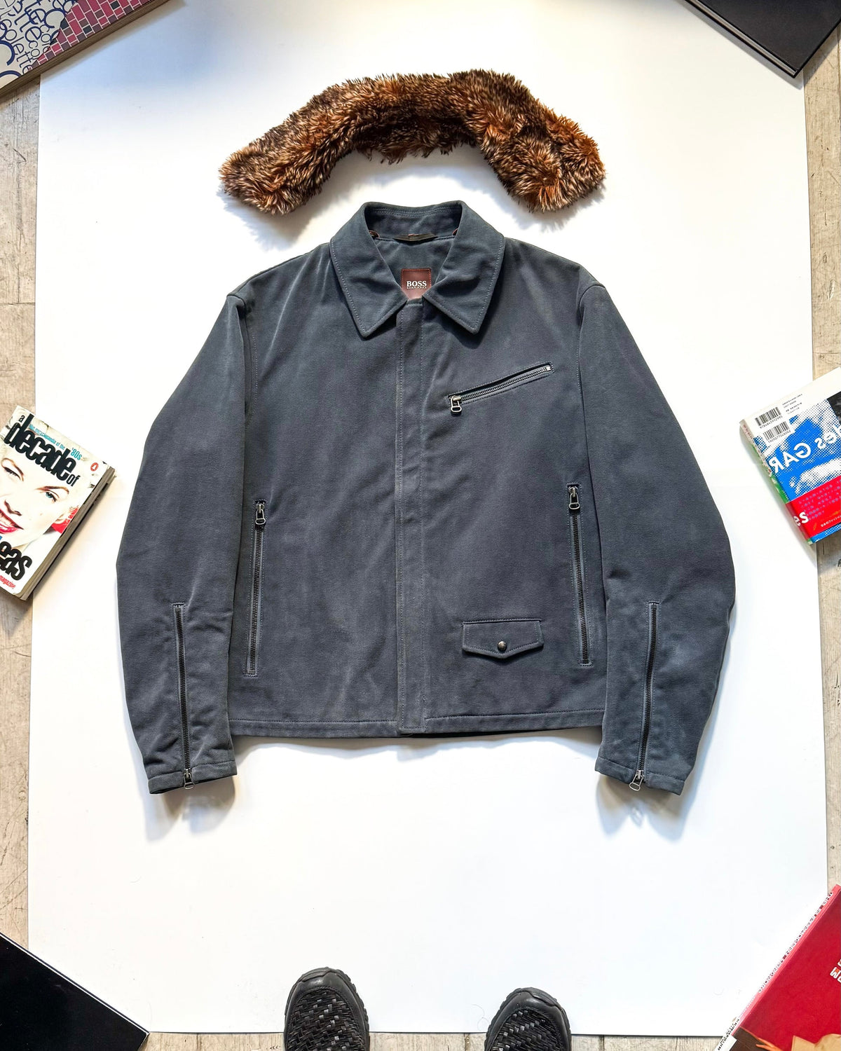 2000s Cold Grey Moleskine Asymmetrical Detachable Fleece Collar Moto Jacket (~M~)