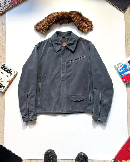 2000s Cold Grey Moleskine Asymmetrical Detachable Fleece Collar Moto Jacket (~M~)