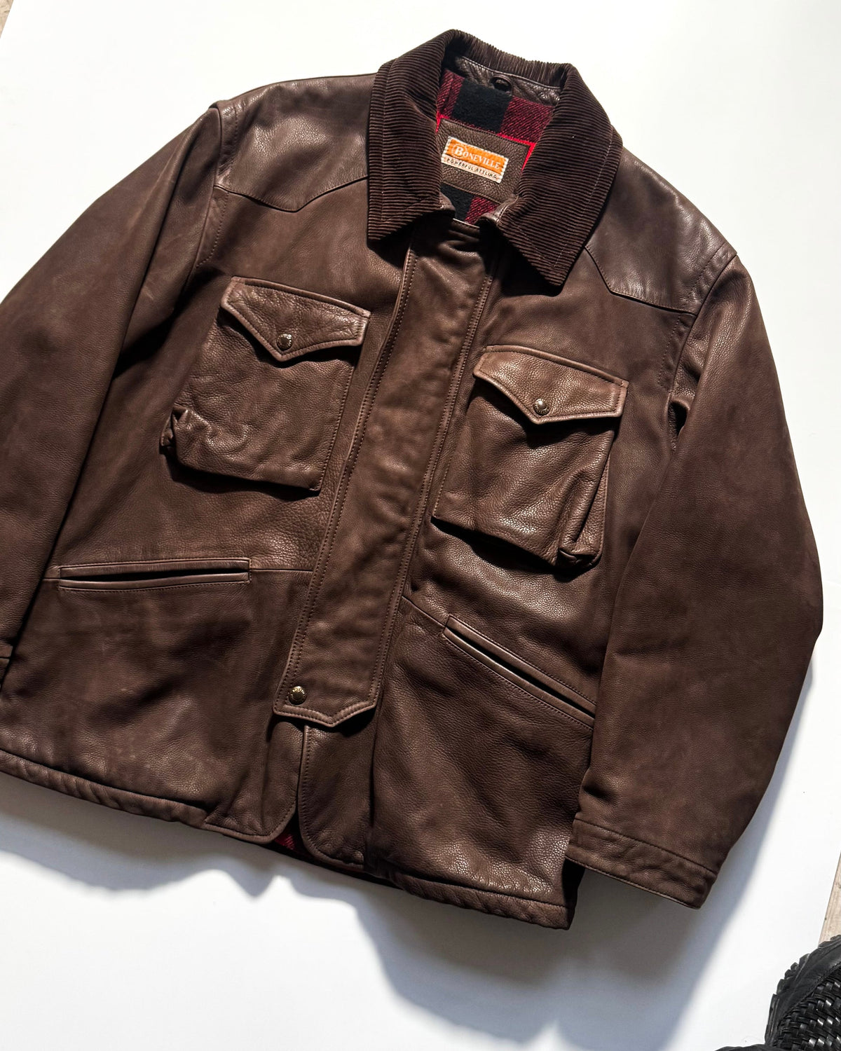 90s Brown Lined Corduroy Collar Field Leather Jacket (L~XL)