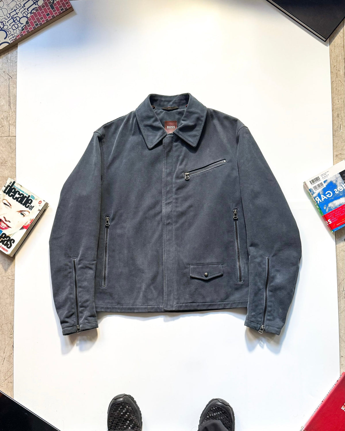 2000s Cold Grey Moleskine Asymmetrical Detachable Fleece Collar Moto Jacket (~M~)