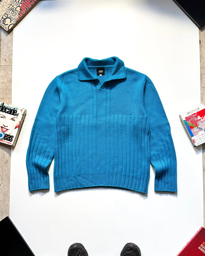 Early 2000s Vivid Blue Collared Chunky Ribbed Knit Jumper (~L~)