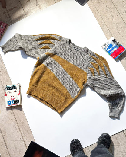 80s Mustard / Grey 3-D Shoulder Blade Panel Zig Zag Knit (M~L)
