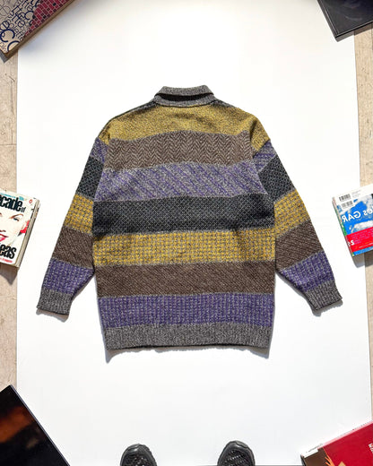 80s Multi Pattern Stripe Collared Button Up Knit Jumper (M~L)