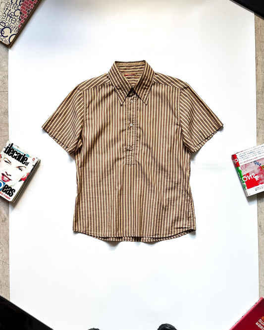 2000s Vertical Striped Brown / Yellow Quarter Button Up Shirt (~M~)