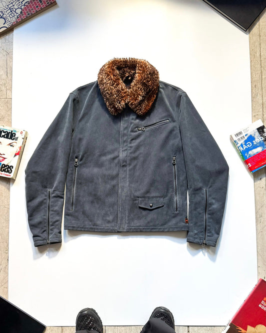 2000s Cold Grey Moleskine Asymmetrical Detachable Fleece Collar Moto Jacket (~M~)