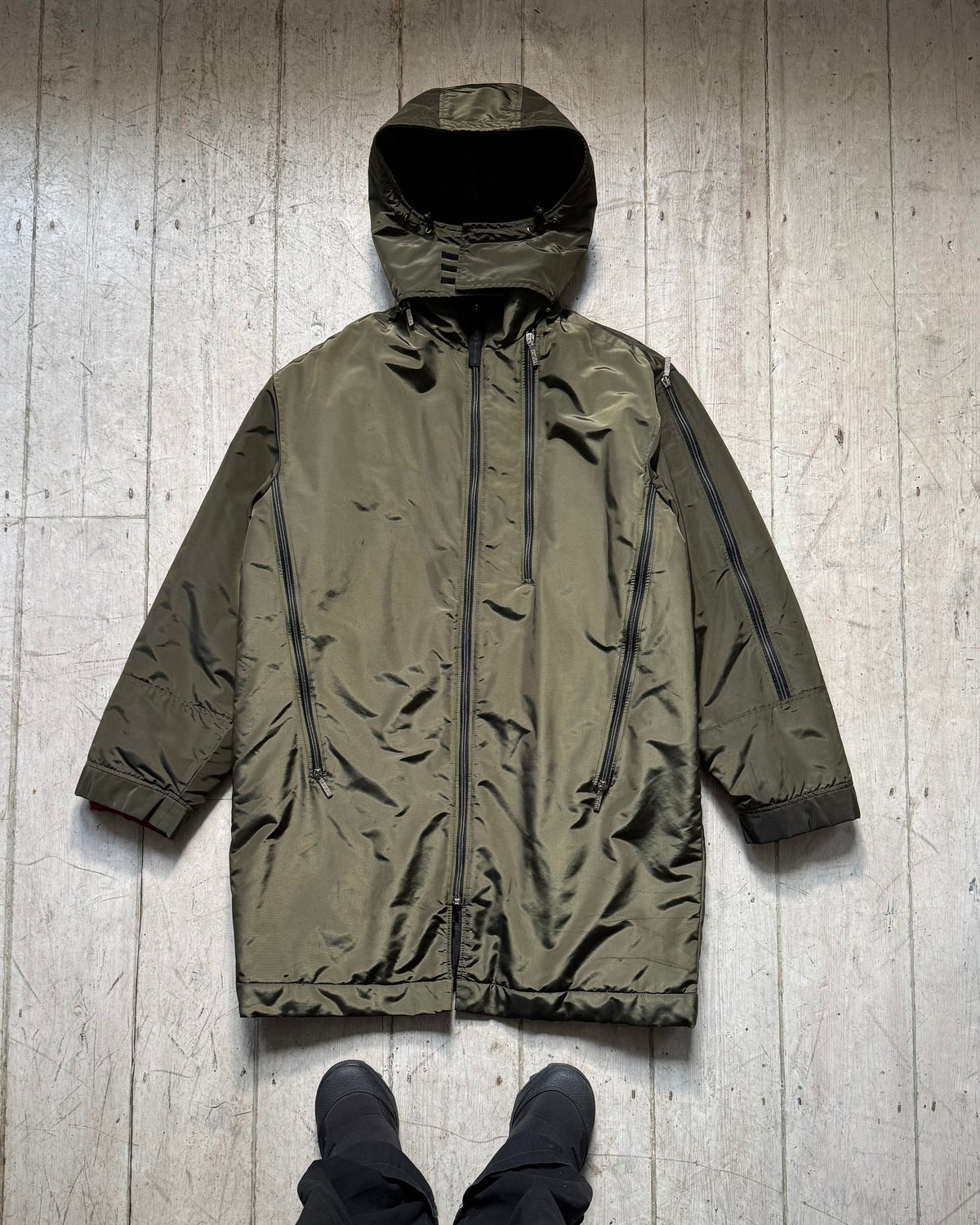 Iridescent Olive Green Asymmetrical Multi Zip Long Coat / Jacket (L)