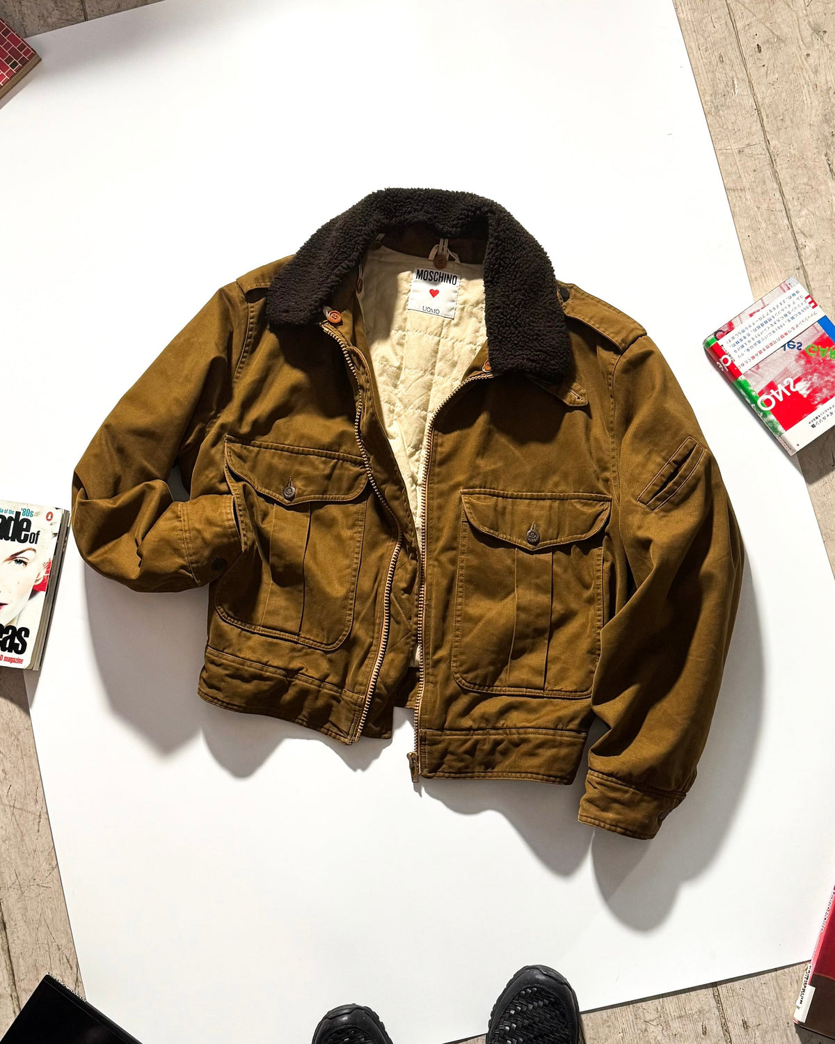 80s Detachable Fleece Collar Brown Military Style Jacket (~M~)