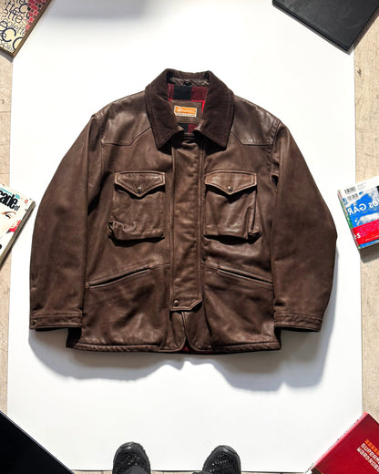 90s Brown Lined Corduroy Collar Field Leather Jacket (L~XL)