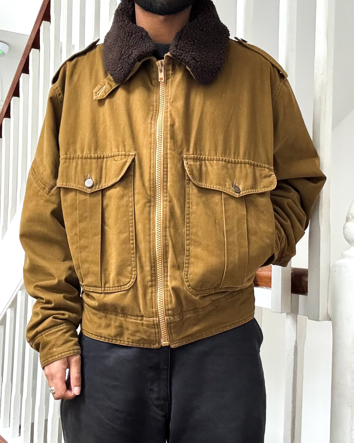 80s Detachable Fleece Collar Brown Military Style Jacket (~M~)