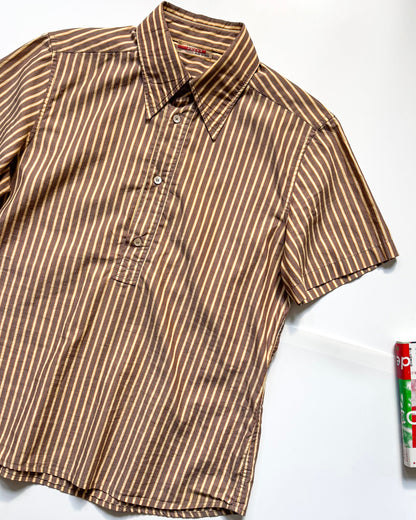 2000s Vertical Striped Brown / Yellow Quarter Button Up Shirt (~M~)