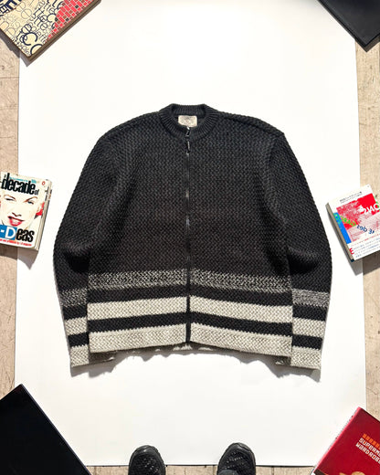 Early 2000s Grey Striped Zip Up Knit Jumper (XL ~ XXL )