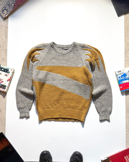 80s Mustard / Grey 3-D Shoulder Blade Panel Zig Zag Knit (M~L)
