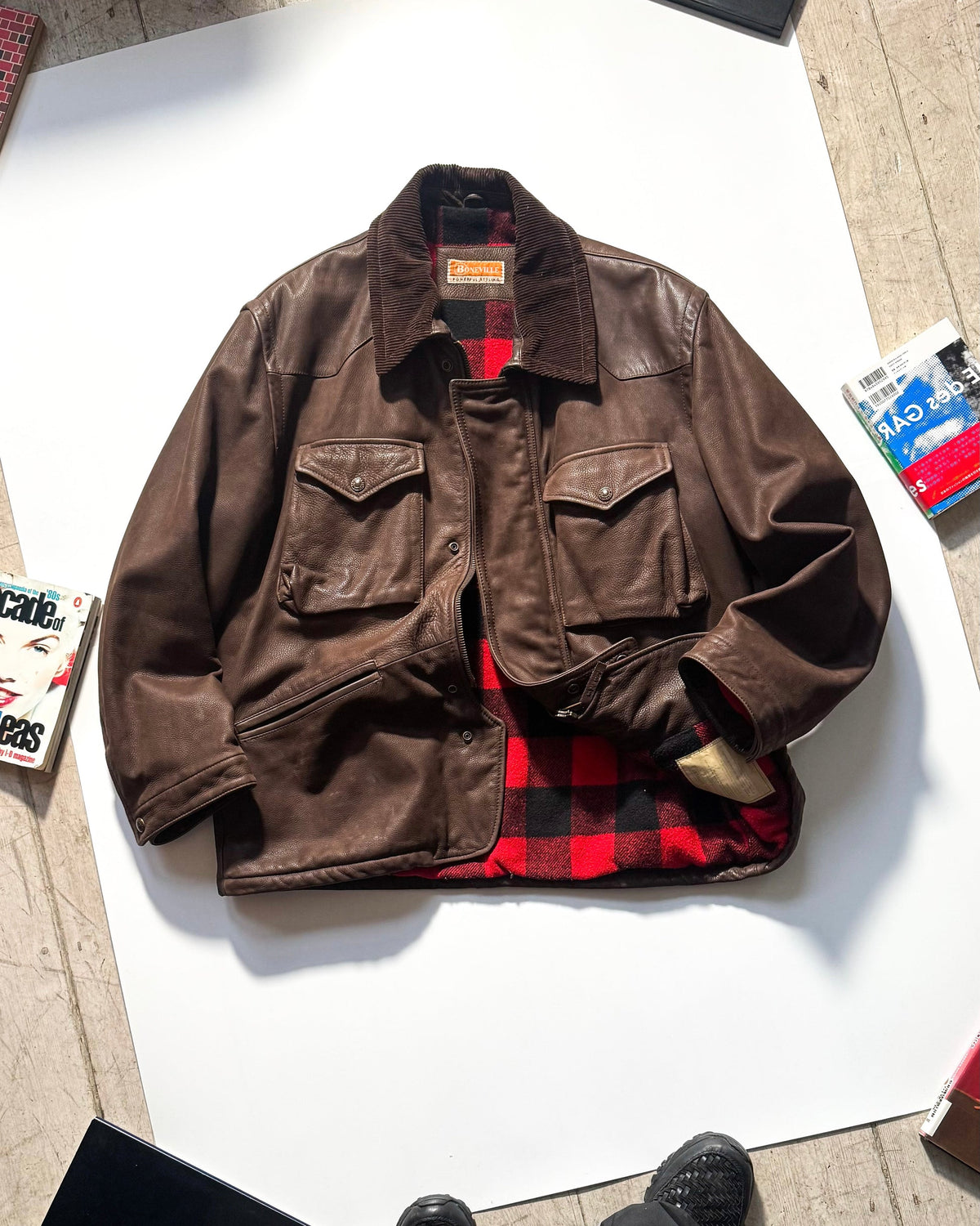 90s Brown Lined Corduroy Collar Field Leather Jacket (L~XL)